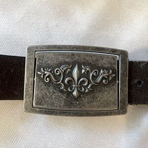 Fleur de Lis reversible pewter type belt buckle.  Monogram M on the reverse side